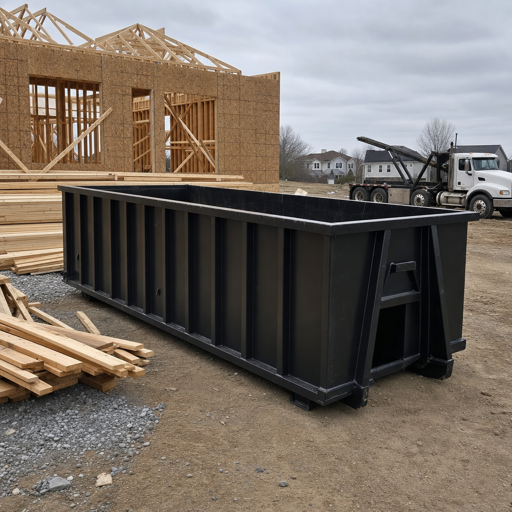 Matte-black 40-yard roll-off dumpster staged on a framed-out residential construction site in Daytona Beach, framing lumber stacked nearby, hooklift delivery truck visible in the background under bright Colorado daylight