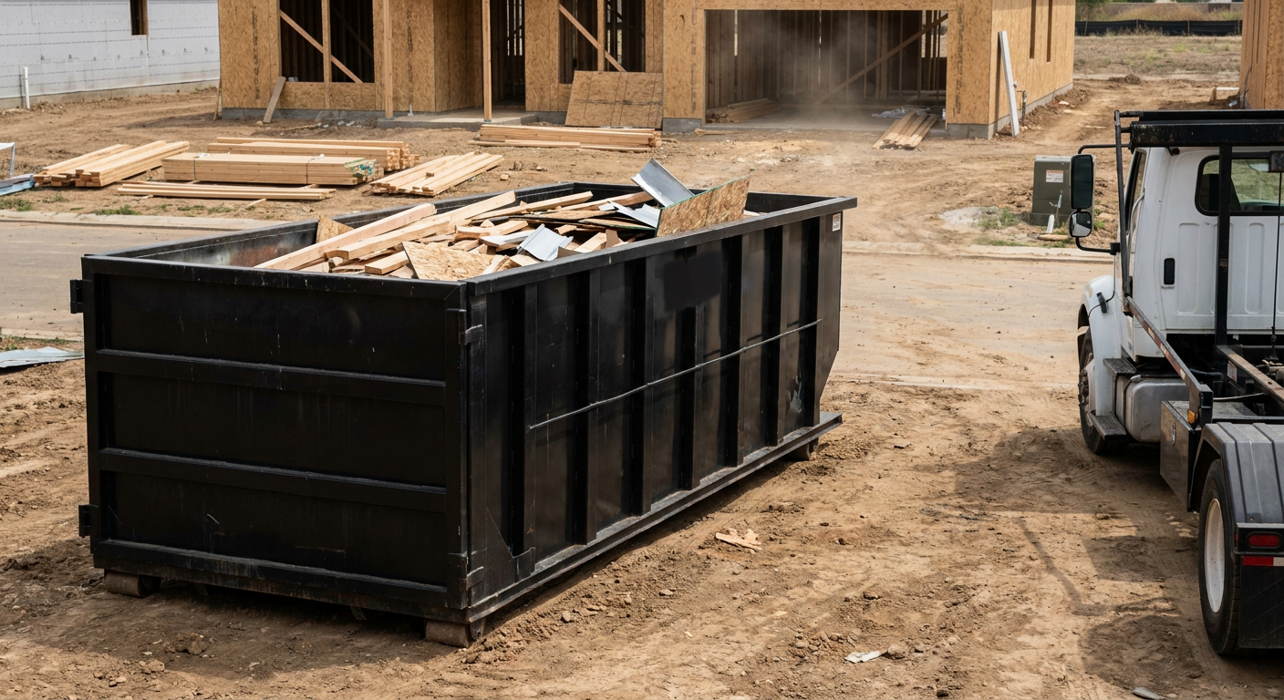 Matte-black 20-yard roll-off construction dumpster with heavy ribbed steel sidewalls and swing rear doors at a working jobsite in Daytona Beach, sitting directly on compacted dirt with an unmarked white hauler partially visible at the far edge of the frame.