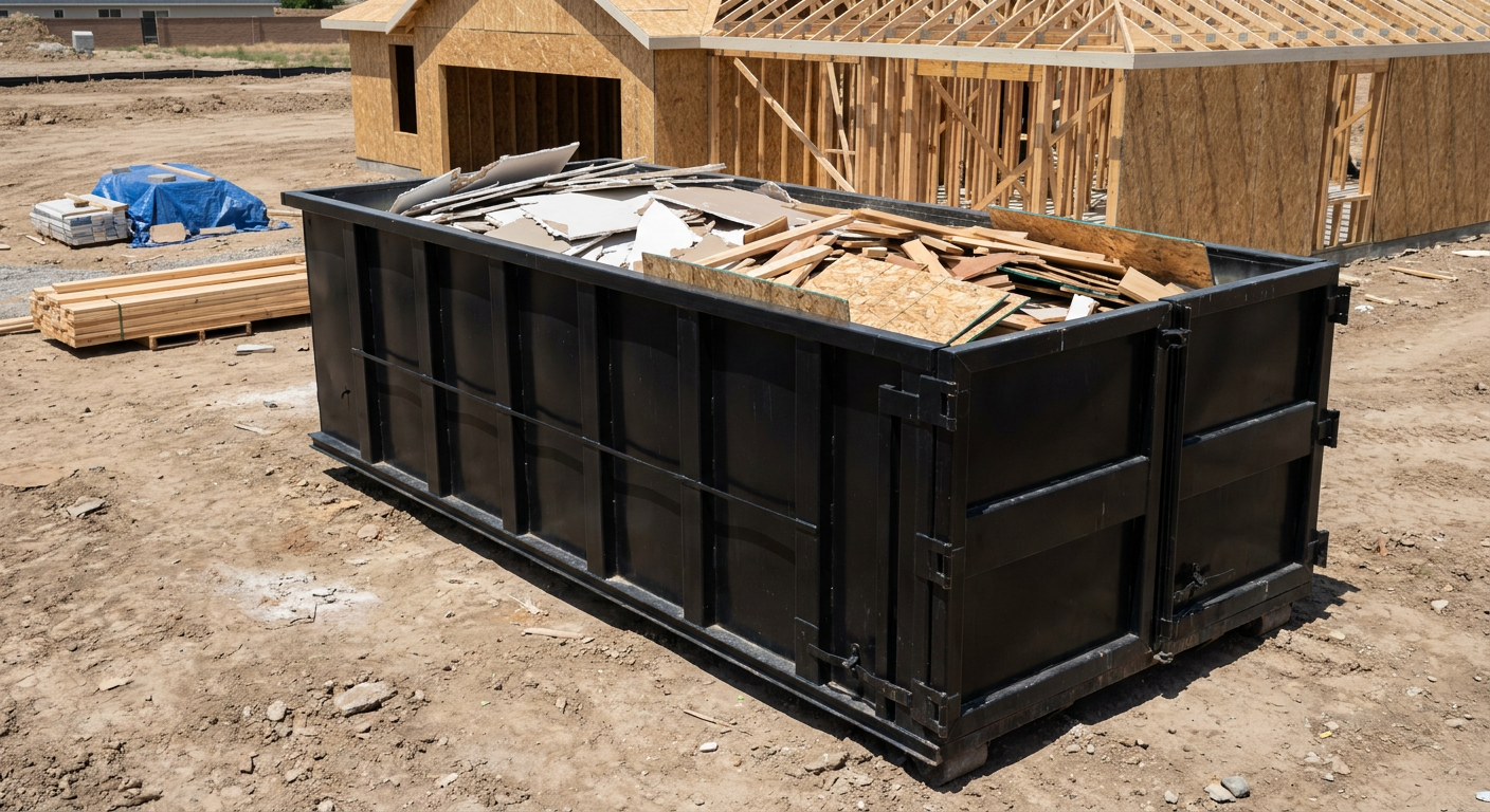 Matte-black 30-yard roll-off construction dumpster sitting directly on the compacted-dirt site of a framed single-family home build in Daytona Beach, drywall and lumber scrap loaded inside.