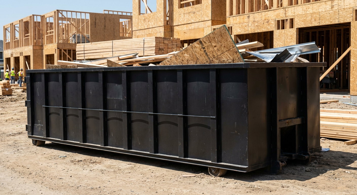 Matte-black 40-yard roll-off construction dumpster being lowered from a white-cab hooklift delivery truck onto the compacted-dirt jobsite at a commercial build site in Daytona Beach