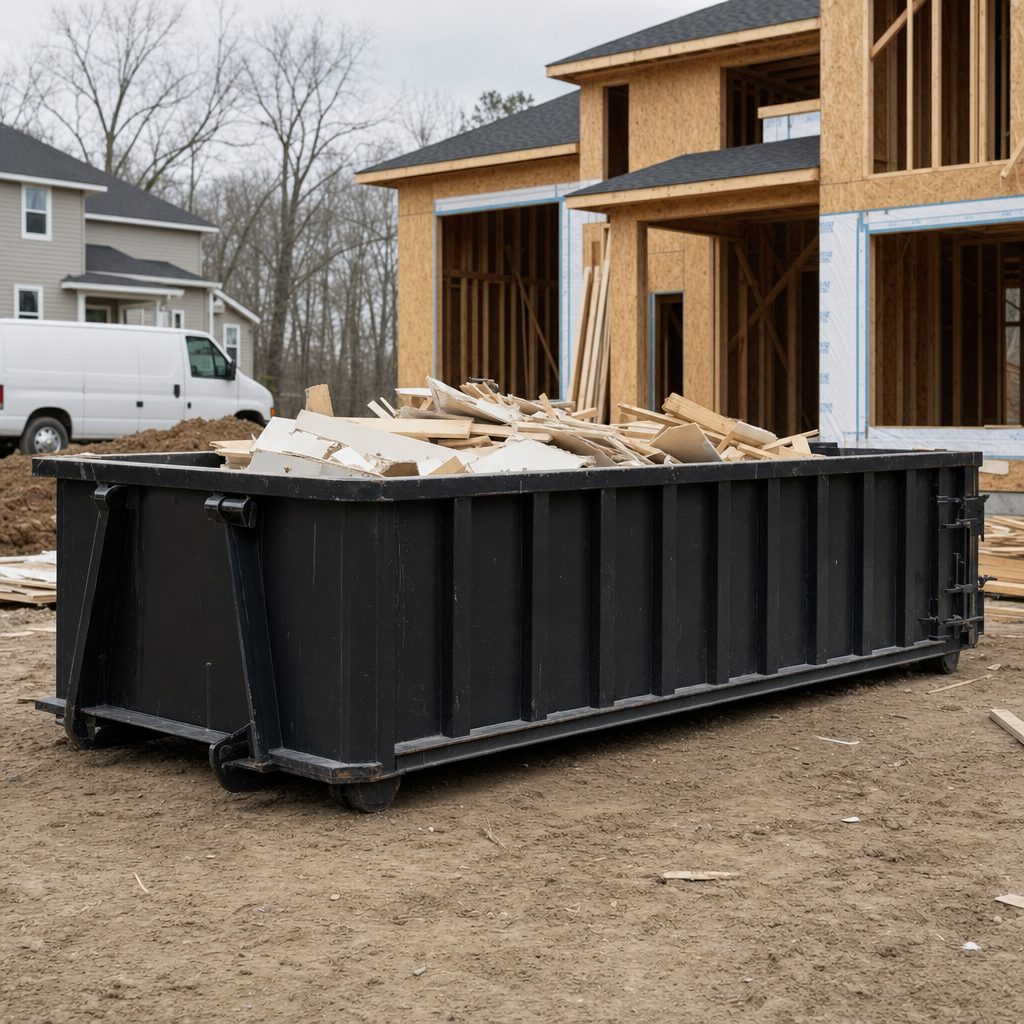 Worker in a yellow high-visibility vest tossing framing lumber and broken drywall into a matte-black 30-yard construction roll-off dumpster on an active build site in Daytona Beach, bright daylight