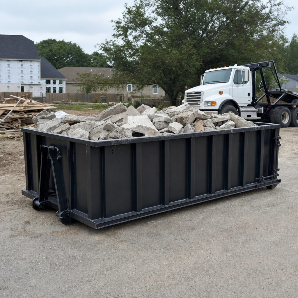 Low-profile matte-black lowboy roll-off dumpster loaded with broken concrete slab and rebar at a foundation tear-out in Daytona Beach, skid steer parked beside it, sunny Colorado morning