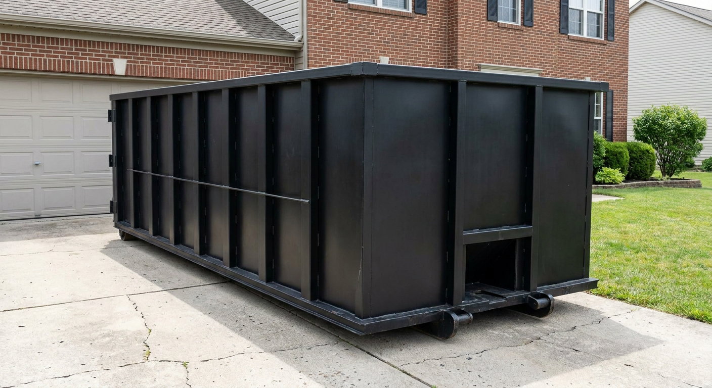 Matte-black 20-yard roll-off container on a Daytona Beach residential concrete driveway with reinforced ribbed steel sidewalls and a hinged rear walk-in door, clean bright daylight.
