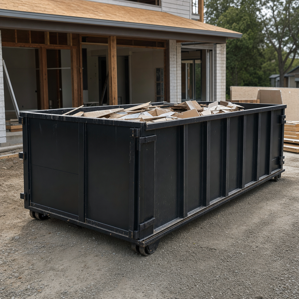 Large matte-black 30-yard construction roll-off dumpster at an active Daytona Beach jobsite, steel-gray top rails and bottom rollers visible, loaded with construction debris.