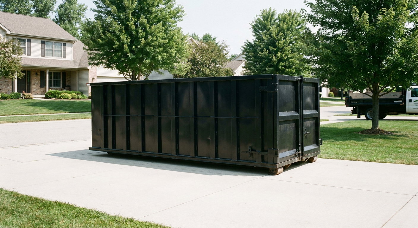 Matte-black 20-yard roll-off dumpster sitting level on a clean Daytona Beach residential concrete driveway under bright daylight, demonstrating clean placement directly on the concrete.