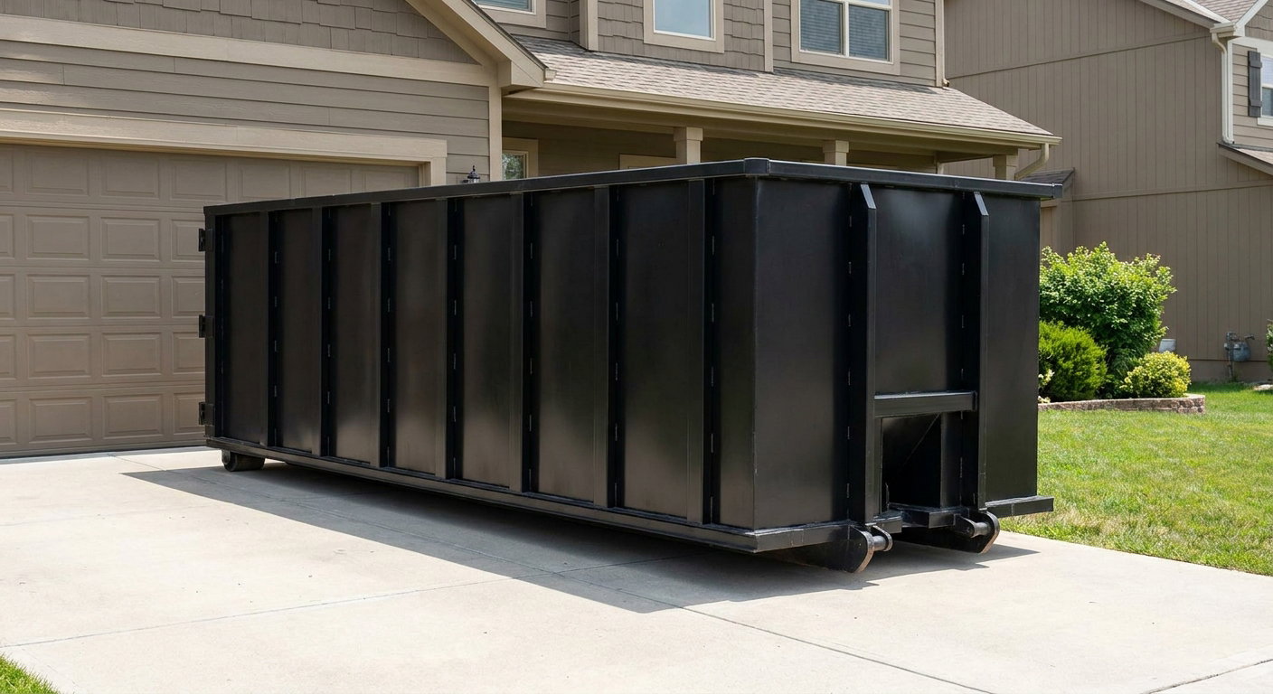 Matte-black residential roll-off dumpster sitting directly on a suburban Daytona Beach concrete driveway, garage door closed, single-family home in background, bright morning daylight.