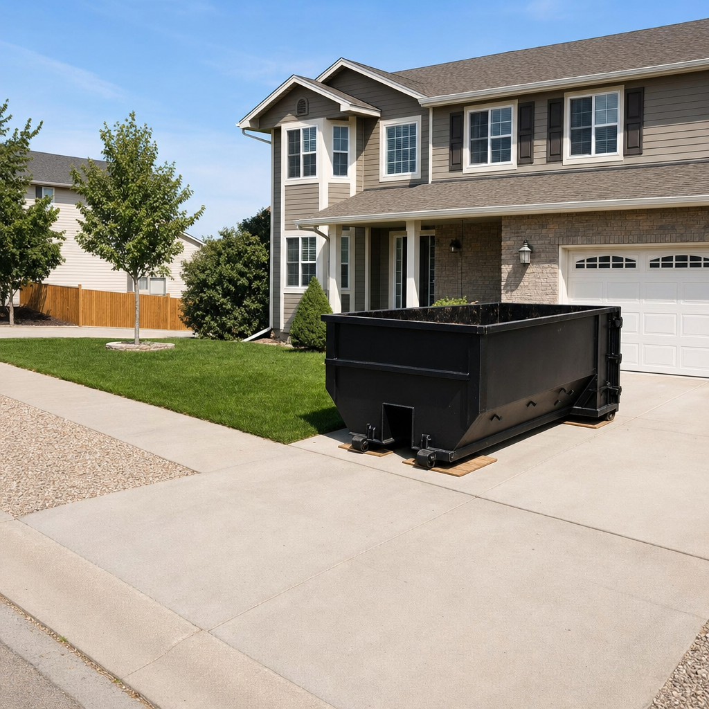 10-yard matte-black residential dumpster placed directly on a narrow Daytona Beach concrete driveway, room remains for a parked sedan beside it, mid-morning natural light