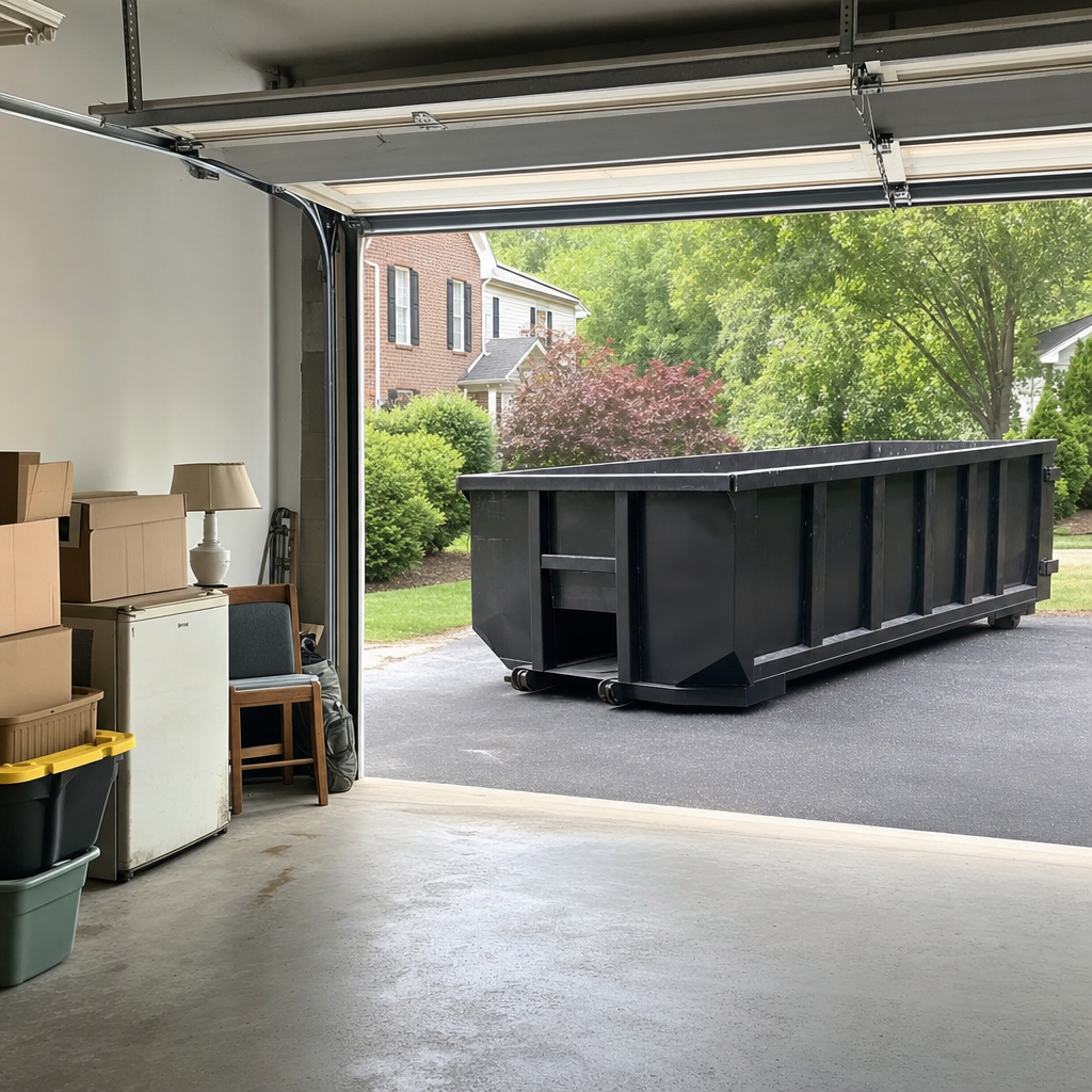 Open garage interior in a Daytona Beach home mid-cleanout — boxed items, an old appliance, and stacked yard tools queued near the driveway for a matte-black roll-off dumpster, organized and calm