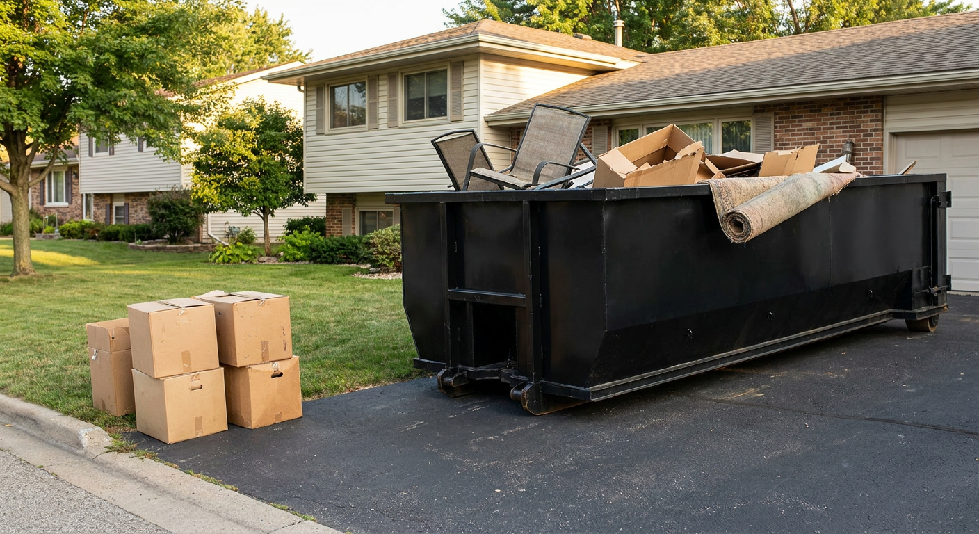Front-yard view of a Daytona Beach split-level home with a 20-yard matte-black roll-off dumpster sitting directly on the asphalt driveway, a few clearly labeled donation boxes staged at the curb, calm sunny afternoon.