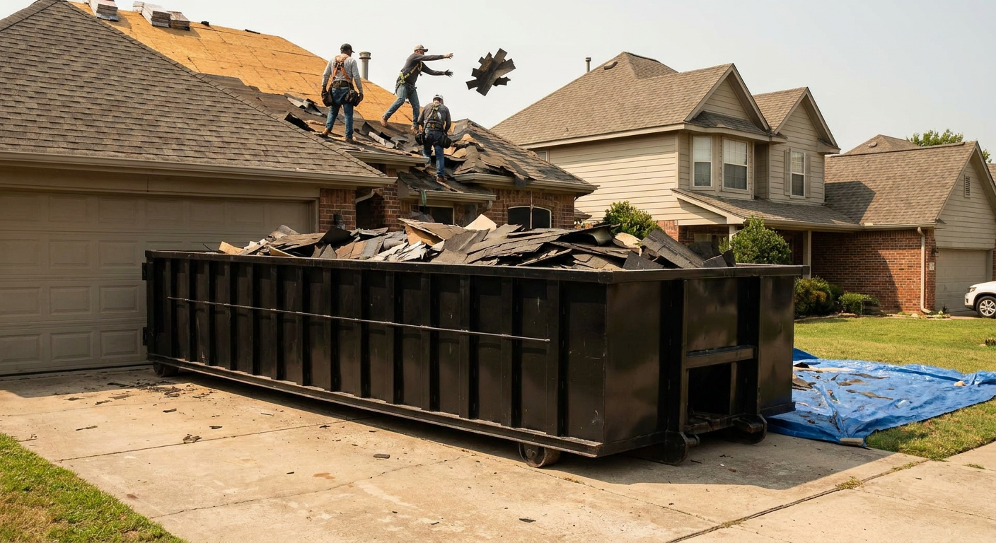 Matte-black roofing roll-off dumpster placed directly on a Daytona Beach residential concrete driveway, a tear-off crew on a two-story asphalt-shingle roof tossing shingle bundles into the low-walled container, bright daylight, documentary 35mm perspective.