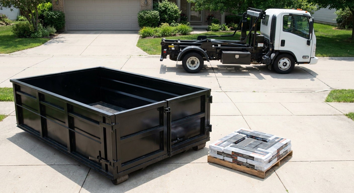 Matte-black 15-yard roofing roll-off dumpster with reinforced low side walls sitting directly on a Daytona Beach residential concrete driveway, three-tab asphalt shingle bundles stacked nearby, an unmarked white hauler truck partially visible at the edge of the frame.