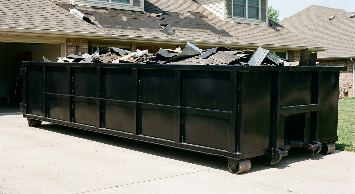 Matte-black 20-yard roofing roll-off dumpster with steel ribbed sides and swinging rear door, sitting directly on the concrete driveway of a two-story Daytona Beach home, asphalt shingle debris being loaded over the low wall, clean documentary lighting.