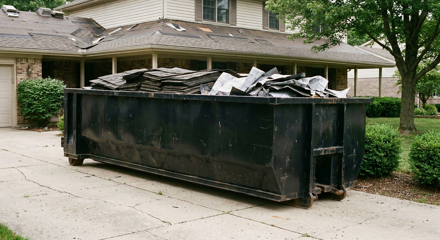 Matte-black 30-yard roofing roll-off dumpster sitting directly on a Daytona Beach concrete driveway, taller ribbed steel side panels, mixed tear-off debris of asphalt shingles and underlayment inside, professional documentary daylight.
