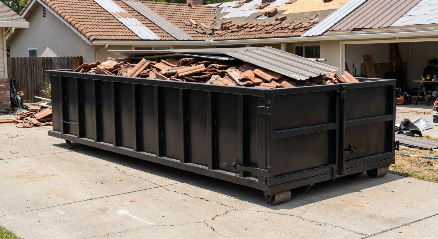 Matte-black low-wall heavy-debris roofing roll-off dumpster sitting directly on a Daytona Beach concrete driveway, broken concrete clay roof tiles and metal panel sections loaded inside, reinforced ribbed steel side walls visible, bright outdoor daylight.