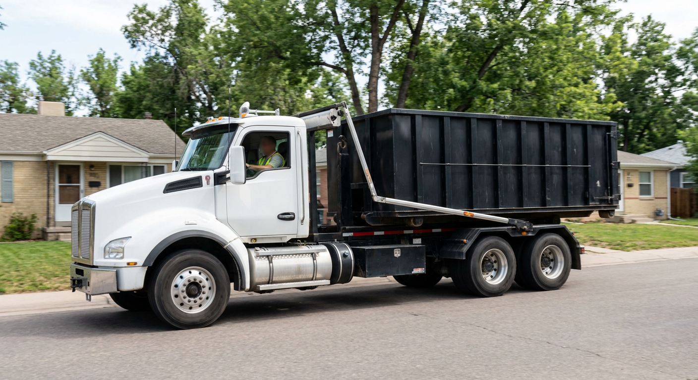 A wide documentary shot of a matte-black roll-off delivery truck pulling onto a quiet Daytona Beach residential street at mid-morning, with neighborhood rooftops and tree-lined blocks visible behind, showing the metro coverage footprint.