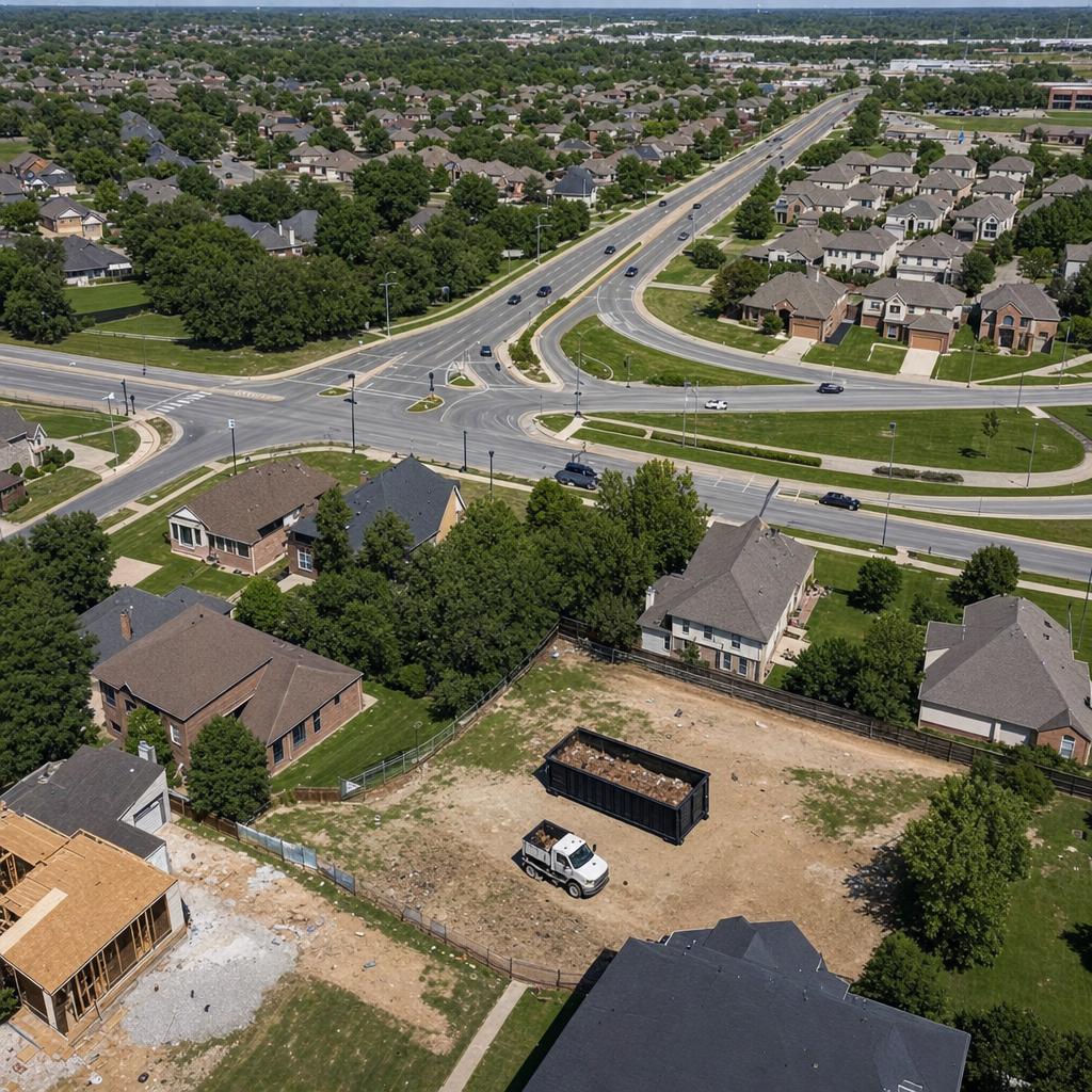 An overhead documentary view of the Daytona Beach metro area at midday, showing the spread of neighborhoods, arterial roads, and the dispatch radius from a central yard — clean daylight, organized geographic layout.