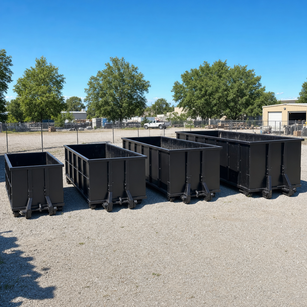 A clean lineup of matte-black roll-off dumpsters in 10, 20, 30, and 40-yard sizes staged on a sunlit gravel yard in Daytona Beach, showing the size progression from compact to commercial-scale containers.