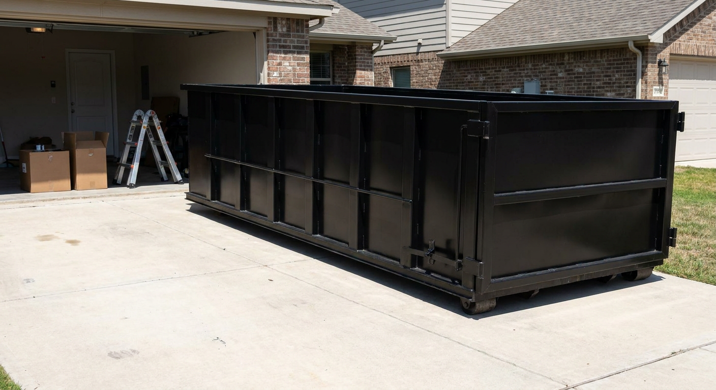 A matte-black 10-yard roll-off dumpster sitting directly on a residential Daytona Beach concrete driveway, mid-day sunlight, clean and ready for a garage cleanout.