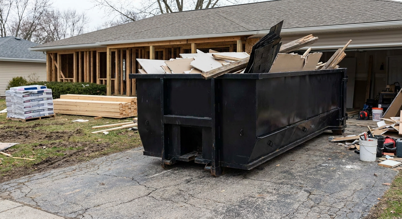 A matte-black 20-yard roll-off dumpster placed alongside a mid-renovation Daytona Beach home directly on the asphalt driveway, with framing materials and torn-off shingles staged neatly nearby.