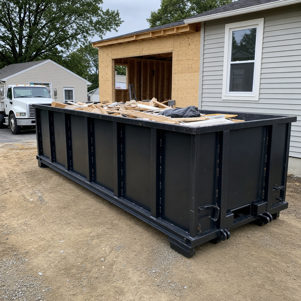 A matte-black 30-yard roll-off dumpster positioned at a Daytona Beach residential addition jobsite, with framing lumber and drywall scraps loaded through the open swinging rear doors.
