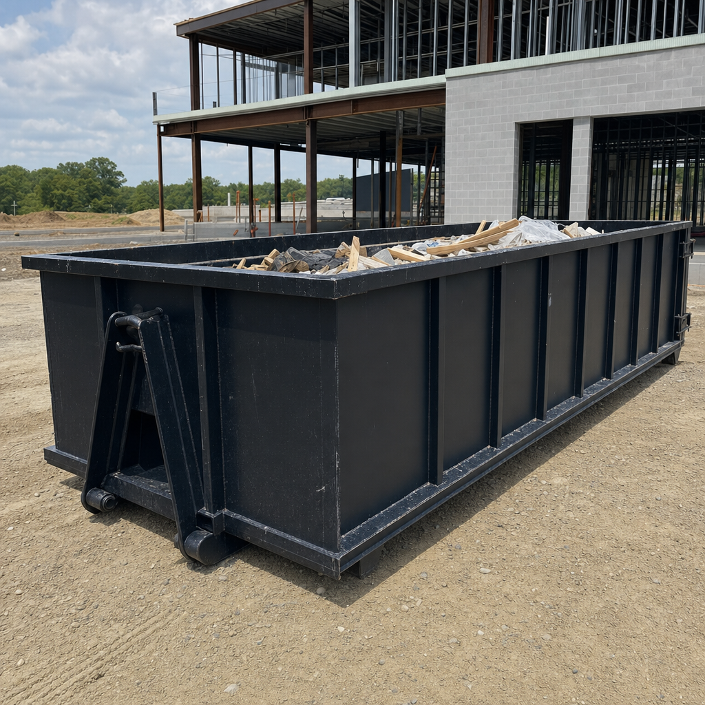 A matte-black 40-yard roll-off dumpster staged on a large Daytona Beach commercial construction lot, with a hooklift delivery truck parked alongside under bright midday sky.