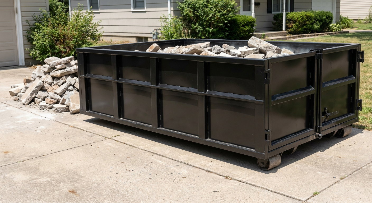 A matte-black low-side heavy-debris roll-off dumpster placed directly on a Daytona Beach concrete driveway, with broken concrete chunks neatly stacked beside it under clean daylight.